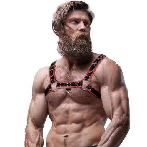 FETISS ALÁRENDELT HOZZÁÁLLÁS – FÉRFI ÖKO-BŐR MELLKASPÁNT FEKETE/PIROS