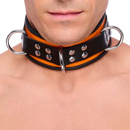 Leather necklace with 3 rings - orange-black elegance