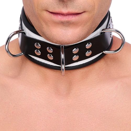 Leather necklace with 3 rings – white-black elegance