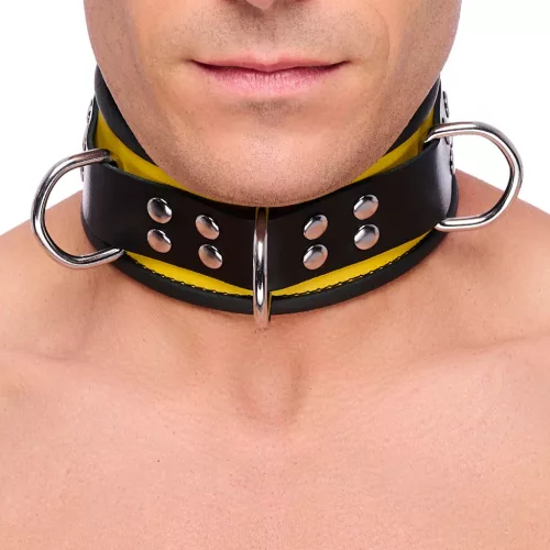 Leather necklace with 3-ring yellow-black design