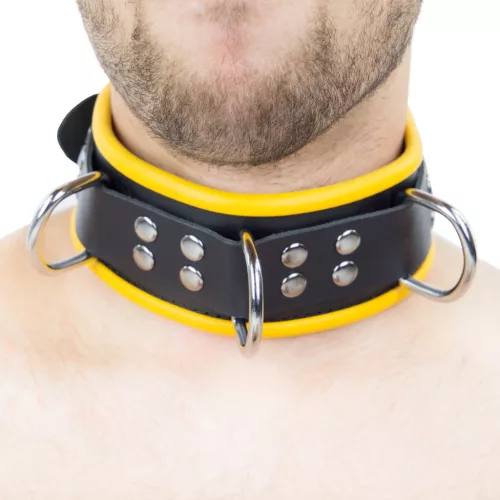Leather Necklace - 3 D-rings - black/yellow