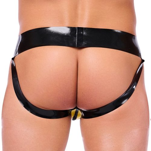 Xrub Latex Jockstrap – fekete-sárga, extra érzéki kiegészítő